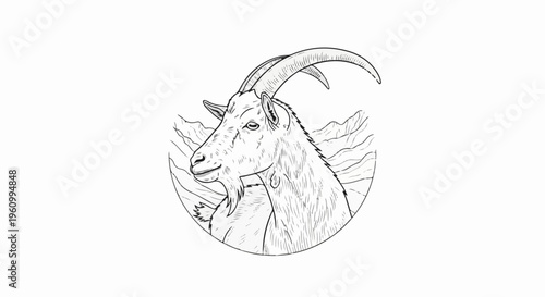 Detailed sketch of an ibex head with majestic horns against mountain backdrop