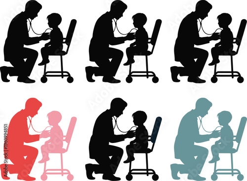 Pediatric doctor examination illustration, healthcare professional checking young patient with stethoscope for child health medical care and hospital service design.