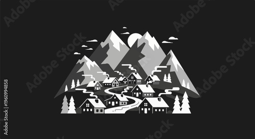Cozy village nestled in snow-capped mountains under a full moon