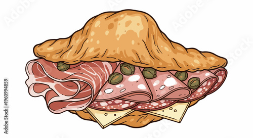 Delicious stuffed bread with cured meats and cheese, topped with capers