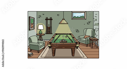 Cozy room with pool table, chairs, and lamp