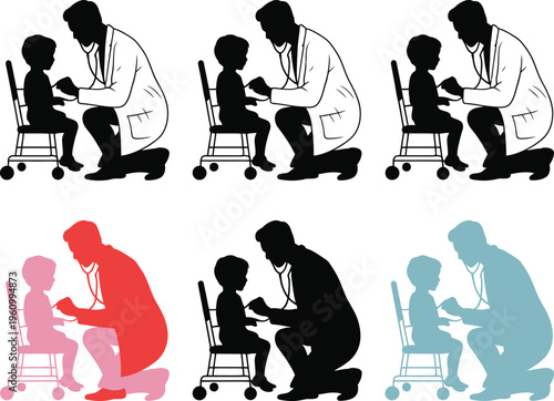 Pediatric doctor examination illustration, doctor examining child with stethoscope representing pediatric healthcare medical checkup and hospital care concept.