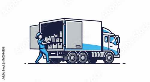 Delivery worker loads boxes into a large truck with open rear doors