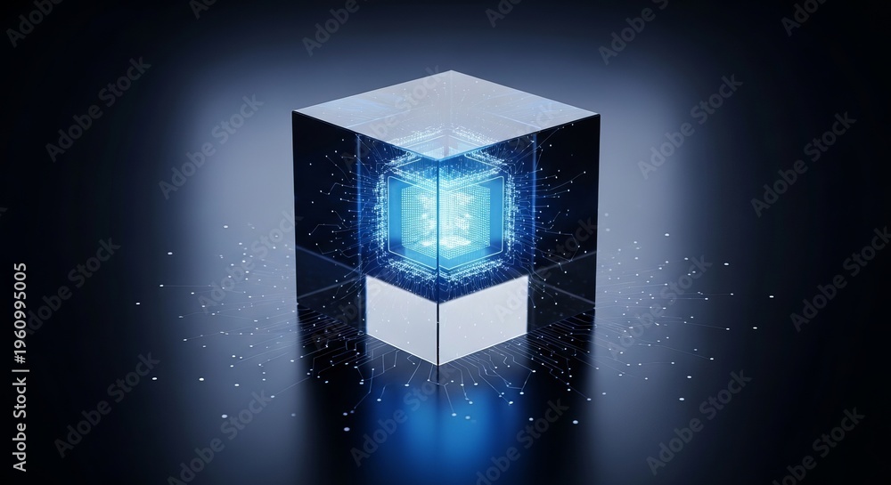 Fototapeta premium Abstract geometric cube with glowing blue energy core and particles, representing data processing, artificial intelligence, and future technology