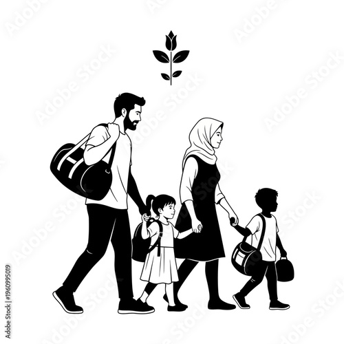 Family walking together with luggage.