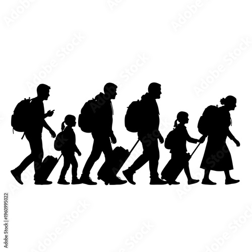 Family walking together with luggage.