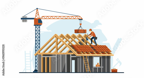 Construction scene with crane, worker on roof, and building