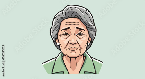 Depiction of an elderly woman's somber, wrinkled face with gray hair