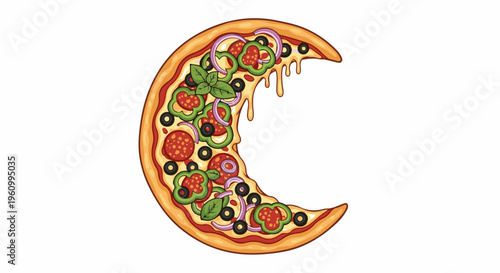 Crescent pizza slice with pepperoni, olives, peppers, onions, and basil