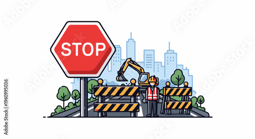 Construction scene with stop sign, excavator, barriers, and worker