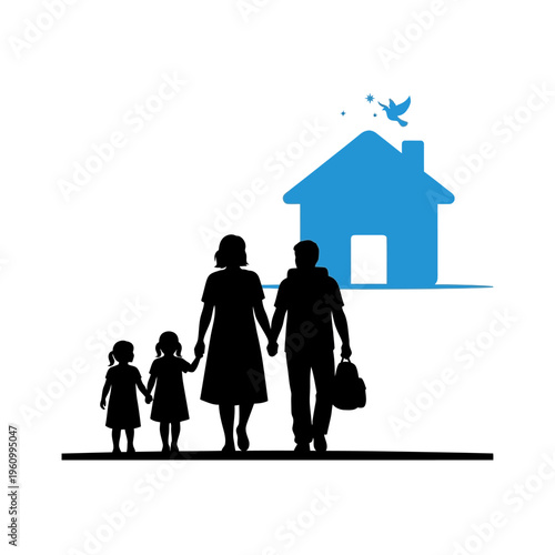 Family walking towards a new home.