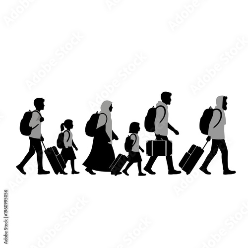 Family walking with luggage together.