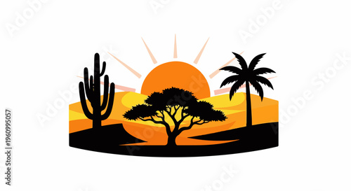 Desert landscape at sunset with cacti, acacia, and palm trees