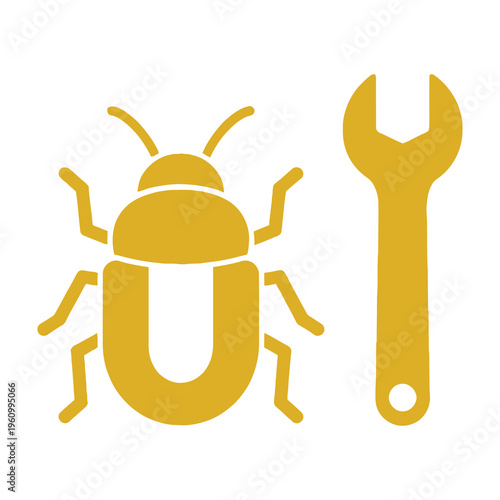 Yellow bug icon with wrench symbolizing debugging and software maintenance in technology and coding