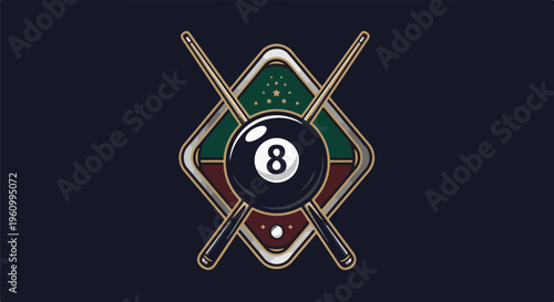 Crossed billiard cues and the number 8 ball on a stylized table