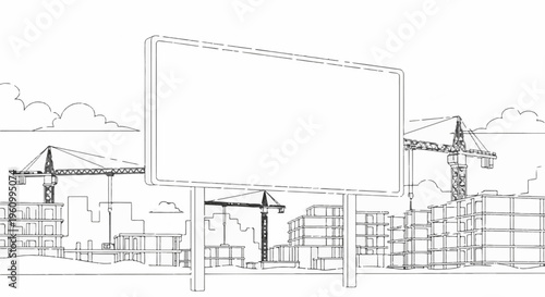 Construction site with cranes, unfinished buildings, and blank billboard
