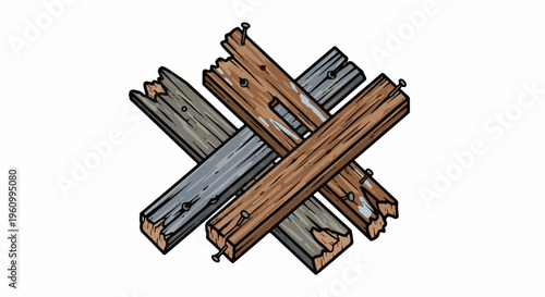 Cross-hatched arrangement of weathered, broken wooden planks secured by nails