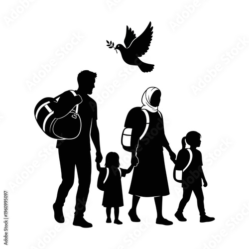 Family walking with luggage together outside.