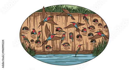Colorful birds nest in earthen cliffside holes by blue water