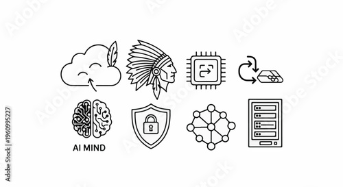 Digital icons representing AI, security, data processing, and networking
