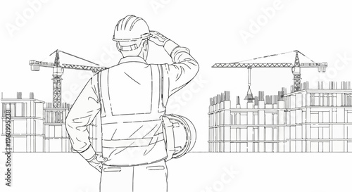 Construction worker surveying a building site with cranes and structures