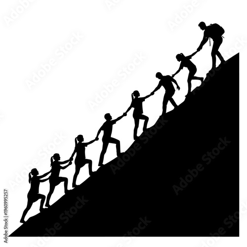 People helping each other climb mountain.
