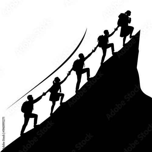 People helping each other climb mountain.