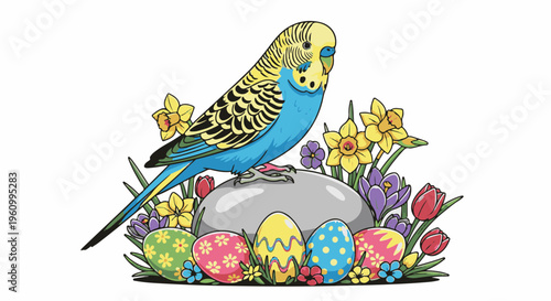 Colorful budgie perched on a rock amidst spring flowers and decorated eggs