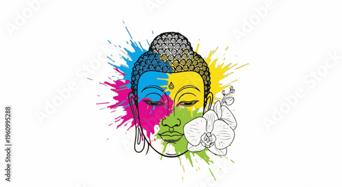 Colorful Buddha face with orchid