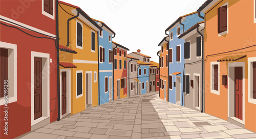 Colorful buildings line a cobblestone street with angled shadows