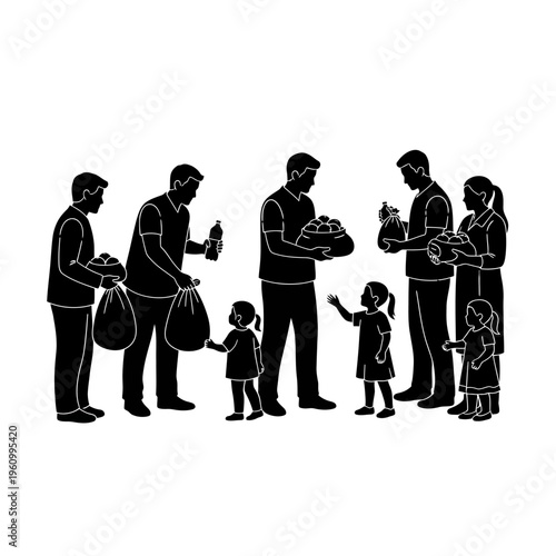 People standing in a food line.