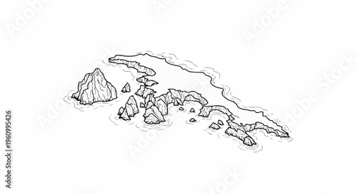 Detailed black and white illustration of a rocky coastline with numerous small islands and inlets