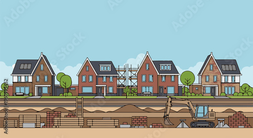 Construction of houses with excavation, bricks, and an excavator