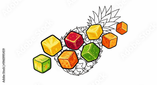 Colorful cubed fruits arranged around a sketched pineapple