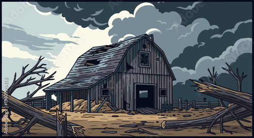 Dilapidated barn amidst fallen trees under stormy skies