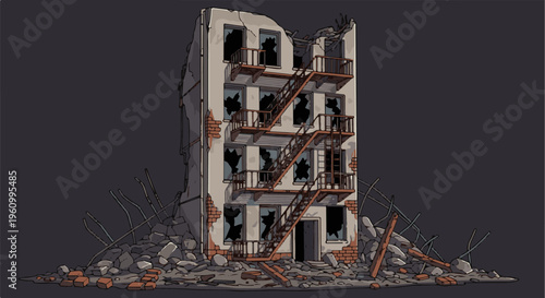 Dilapidated building, broken windows, debris, and fire escape