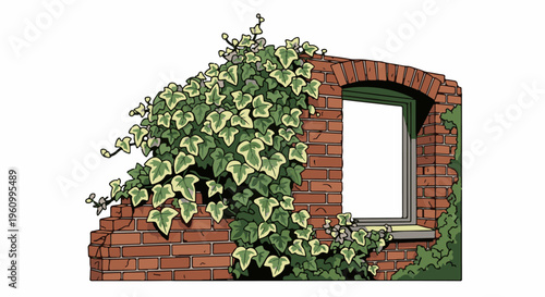 Dilapidated brick wall with an arched window frame overgrown with ivy leaves