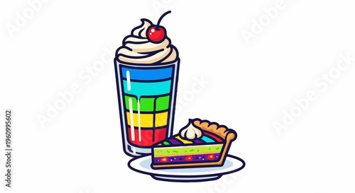 Colorful layered dessert and drink with whipped cream and a cherry