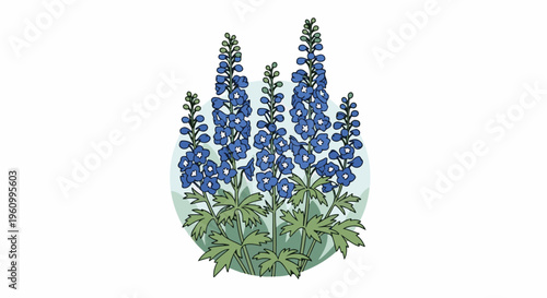 Cluster of tall blue flowers with green foliage in a circular background
