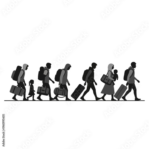 People walking with luggage in line.