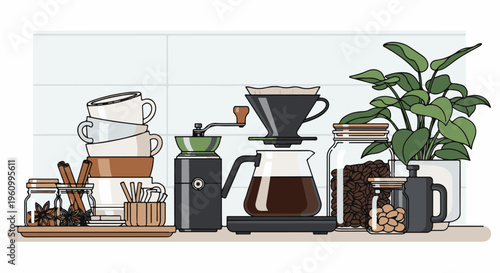 Coffee brewing setup with stacked cups, grinder, and beans