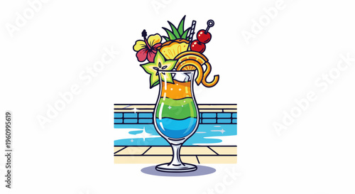 Colorful layered tropical drink with exotic fruits and pool backdrop