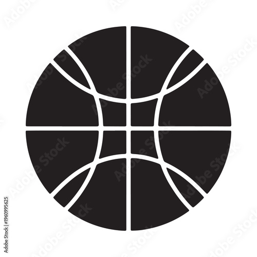 A simple black and white graphic of a basketball with defined panels