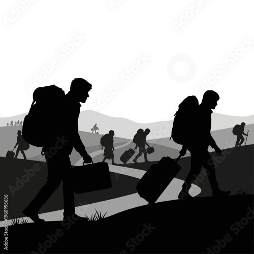 People walking with luggage outdoors together.