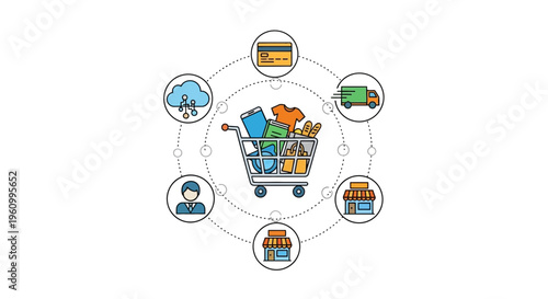 Shopping cart with goods and surrounding icons representing online retail