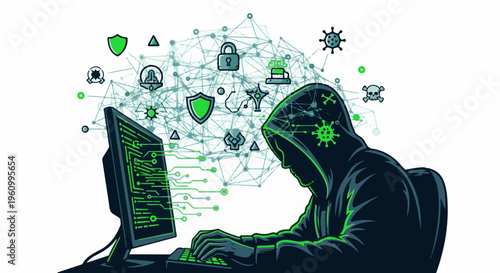 Cybercriminal at keyboard, surrounded by network, data, and threat icons