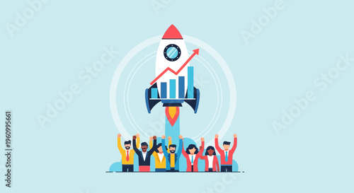 Team celebrating successful launch of rocket ship with financial growth chart