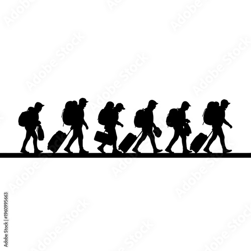 People walking with luggage silhouettes.