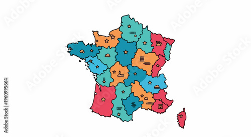 Colorful map of France divided into regions with icons representing landmarks