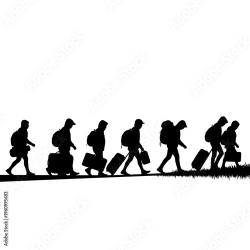 People walking with luggage silhouettes side.